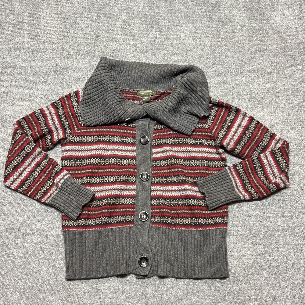 Eddie Bauer Cardigan Sweater Womens Large Gray Red Fair Isle Collared Button